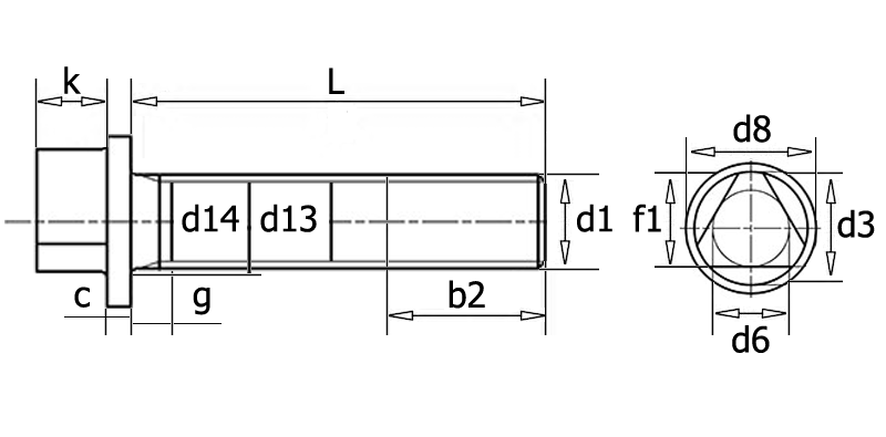 DIN 22424 Болт с трехгранной головкой и буртиком, вид 1, чертёж 2