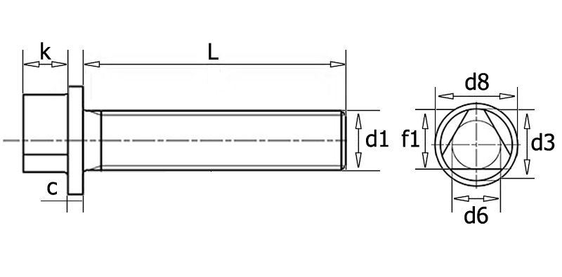 DIN 22424 Болт с трехгранной головкой и буртиком, вид 1, чертёж 3
