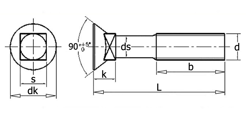 DIN 608 Болт с потайной головкой и квадратным подголовком, вид 1, чертёж 1