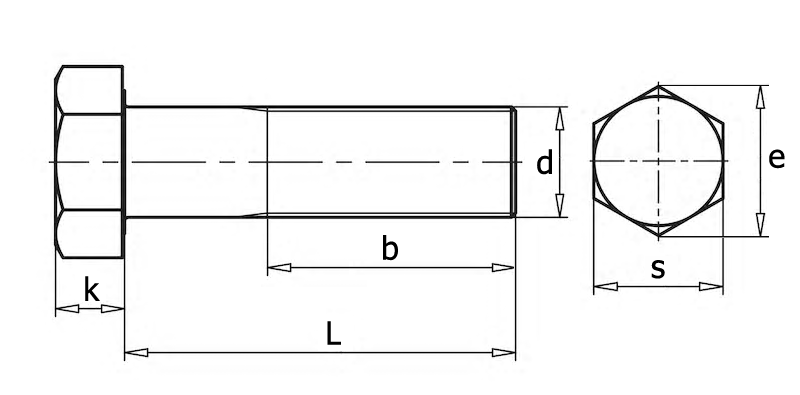 DIN 960 Болт с шестигранной головкой, неполной резьбой с мелким шагом, вид 1, чертёж 1