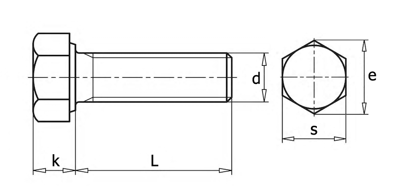 DIN 961 Болт с шестигранной головкой, полной резьбой с мелким шагом, вид 1, чертёж 1