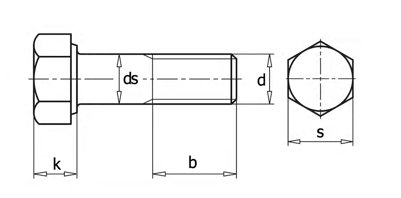DIN EN 14399-8 Болт призонный высокопрочный с шестигранной головкой, вид 1, чертёж 1