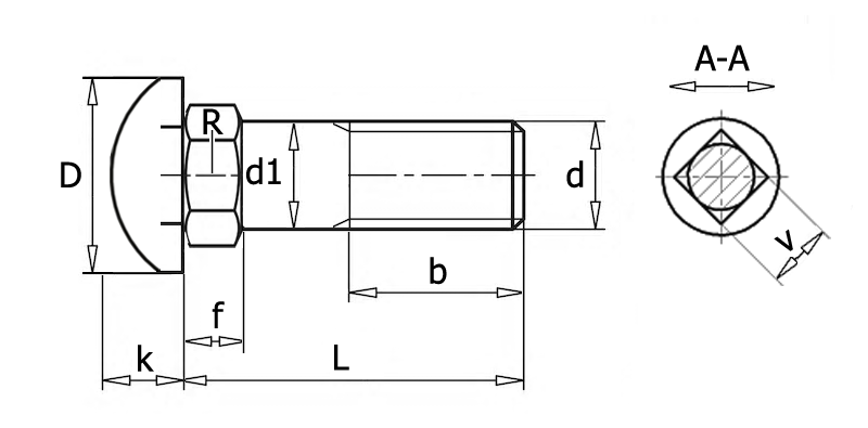 ГОСТ 7802-81 Болт с увеличенной полукруглой головкой и квадратным подголовком, вид 1, чертёж 1