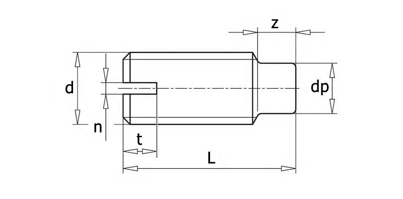 ISO 7435 Винт установочный с цилиндрическим концом с прямым шлицем, вид 1, чертёж 1
