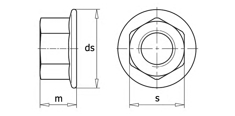DIN 6923 Гайка шестигранная с фланцем и насечкой, вид 1, чертёж 1