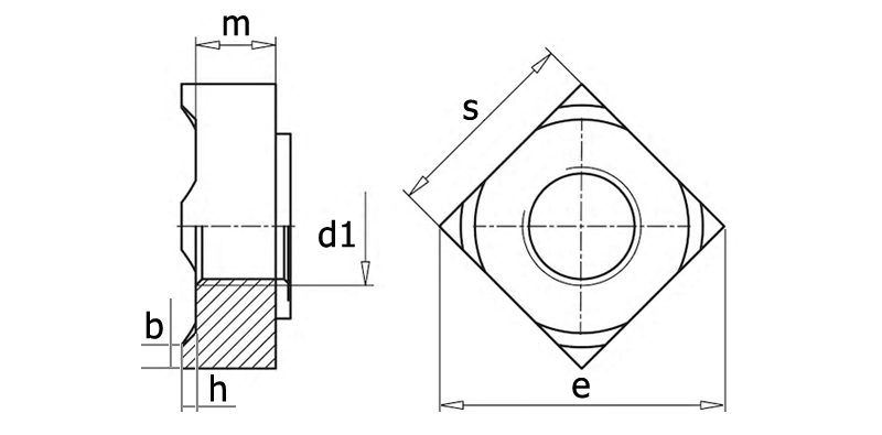 DIN 928 Гайка приварная квадратная, вид 1, чертёж 1