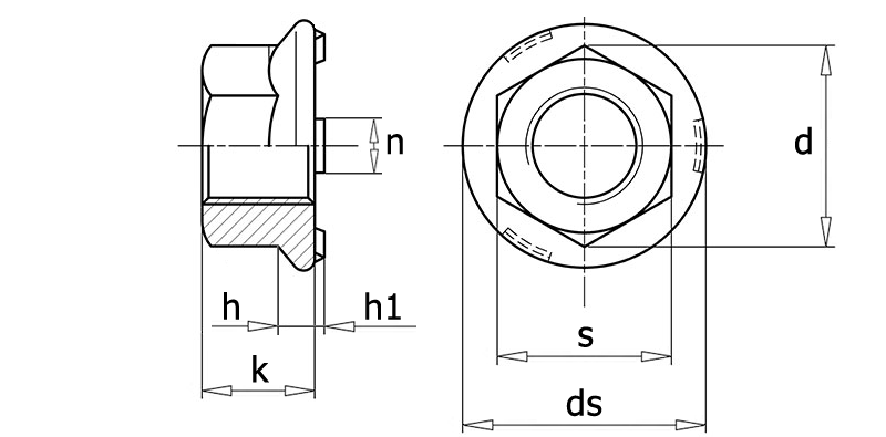 DIN 977 Гайка шестигранная приварная с фланцем, вид 1, чертёж 1