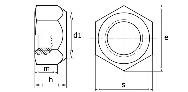 ISO 10512 Гайка шестигранная с нейлоновым кольцом, вид 1, чертёж 1