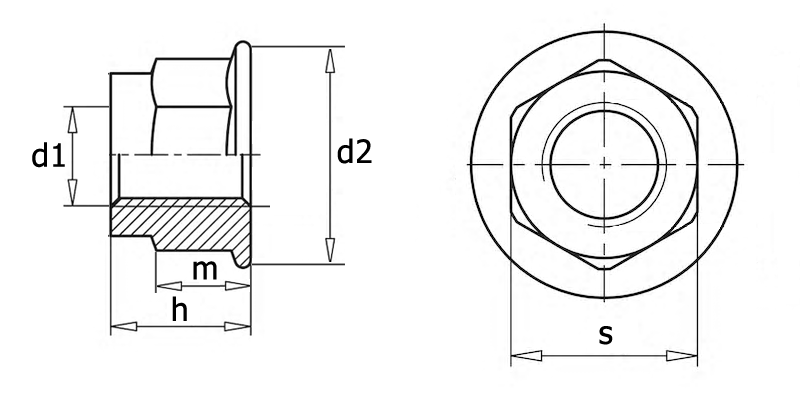 ISO 12125 Гайка шестигранная с нейлоновым кольцом и с фланцем, вид 1, чертёж 1