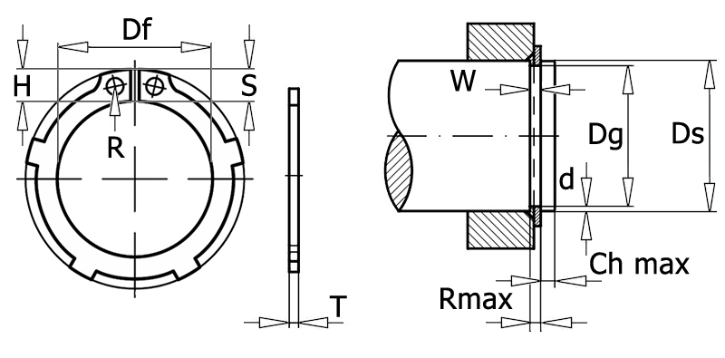 DIN 983 Кольцо стопрное пружинное наружное с лапками для вала, вид 1, чертёж 1