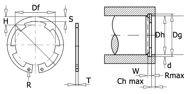 DIN 984 Кольцо стопорное пружинное внутреннее с лапками для отверстия, вид 1, чертёж 1