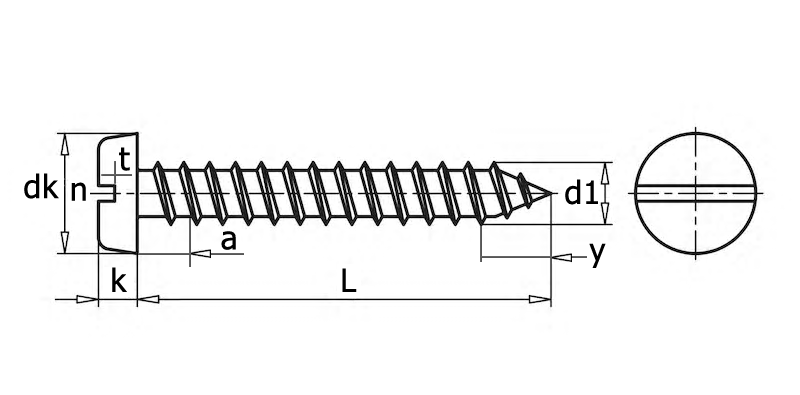 DIN 7971 Саморез с цилиндрической головкой и прямым шлицем, вид 1, чертёж 1