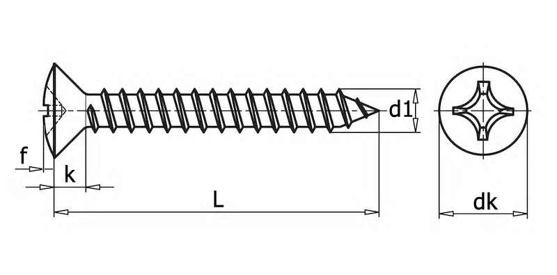 DIN 7973 Саморез с полупотайной головкой и прямым шлицем, вид 1, чертёж 1